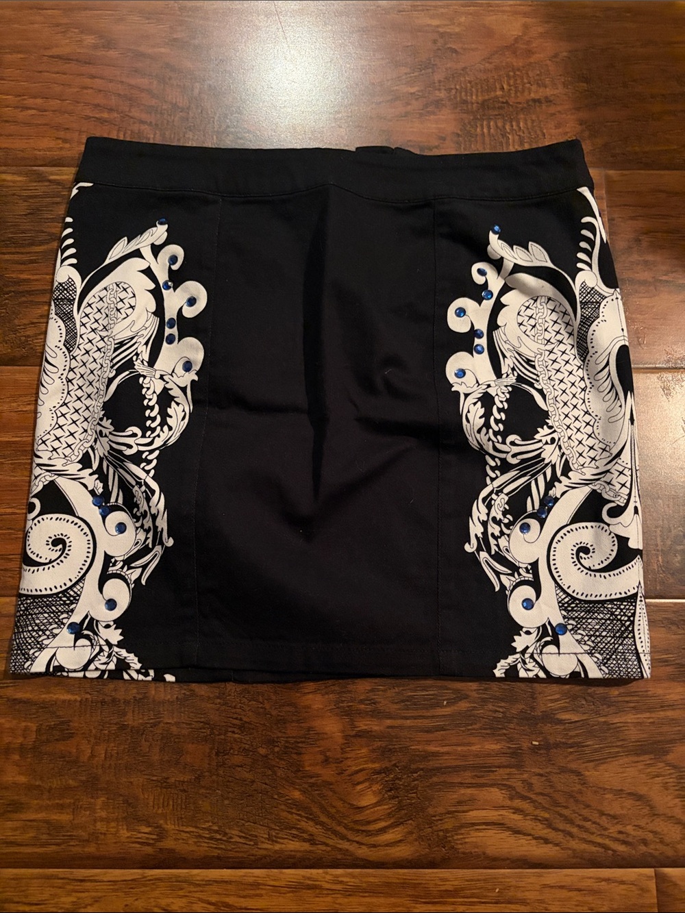 H&M Black Mini Skirt with White Baroque Panels and Blue Studs